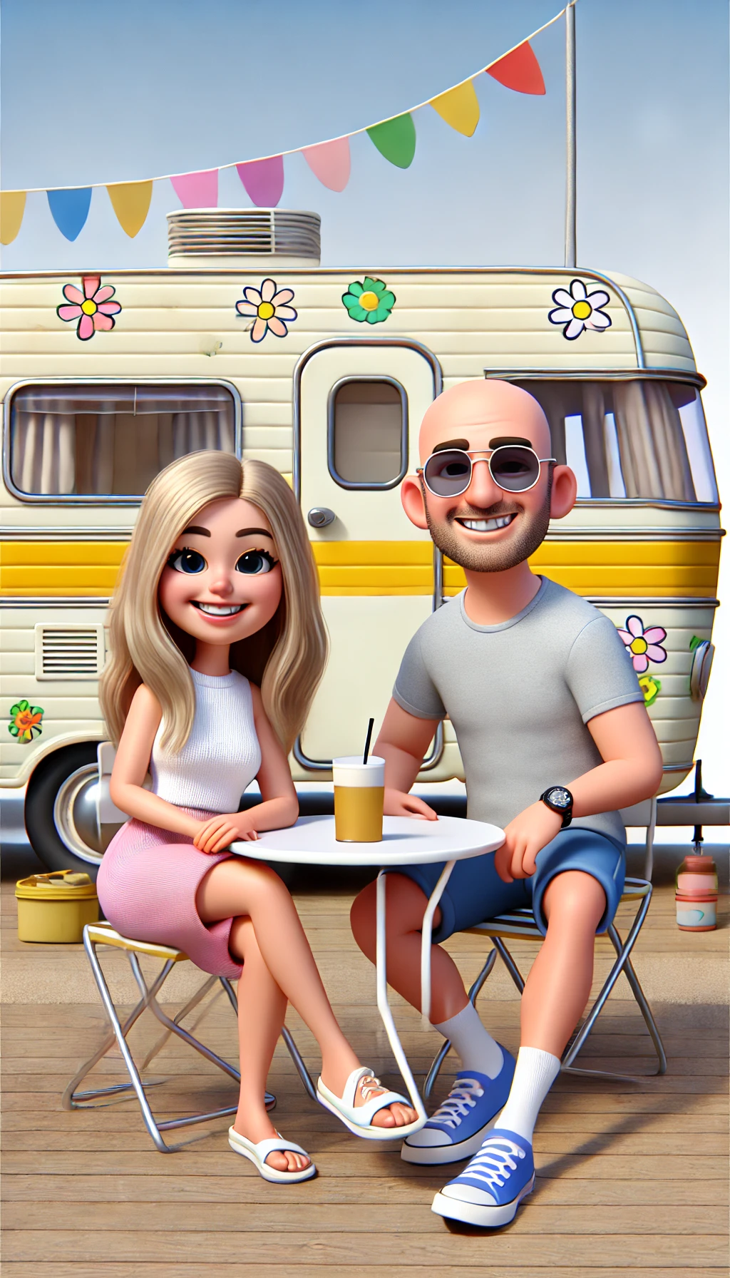 Magda the yellow caravan parked on a campsite with rug and chairs