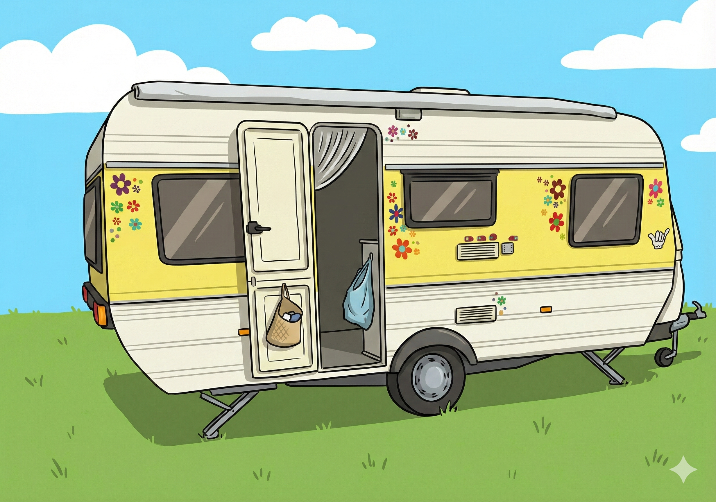 Illustrasjon av campingvogna Magda med gul stripe og blomster